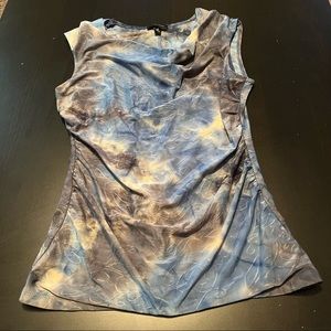 Blue, Black, & White Tye Dye Style Sleeveless AB Studio Top with Embroidery